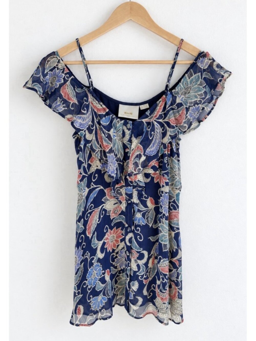 Maeve by Anthropologie Mariposa Open-Shoulder Ruffled Top Floral Navy Women’s 0 - Picture 2 of 8